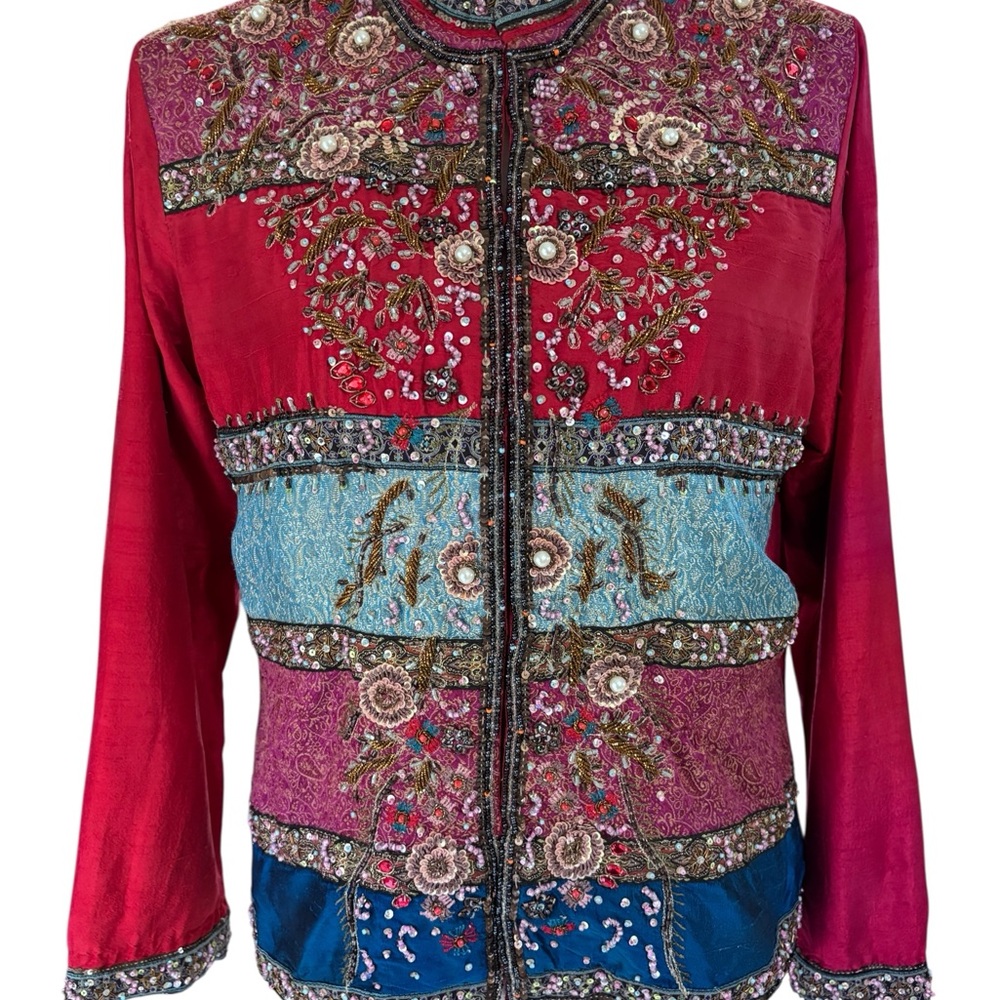 Chico’s Silk Beaded Jacket Size 1 (M 8/10) – Embellished Boho Statement